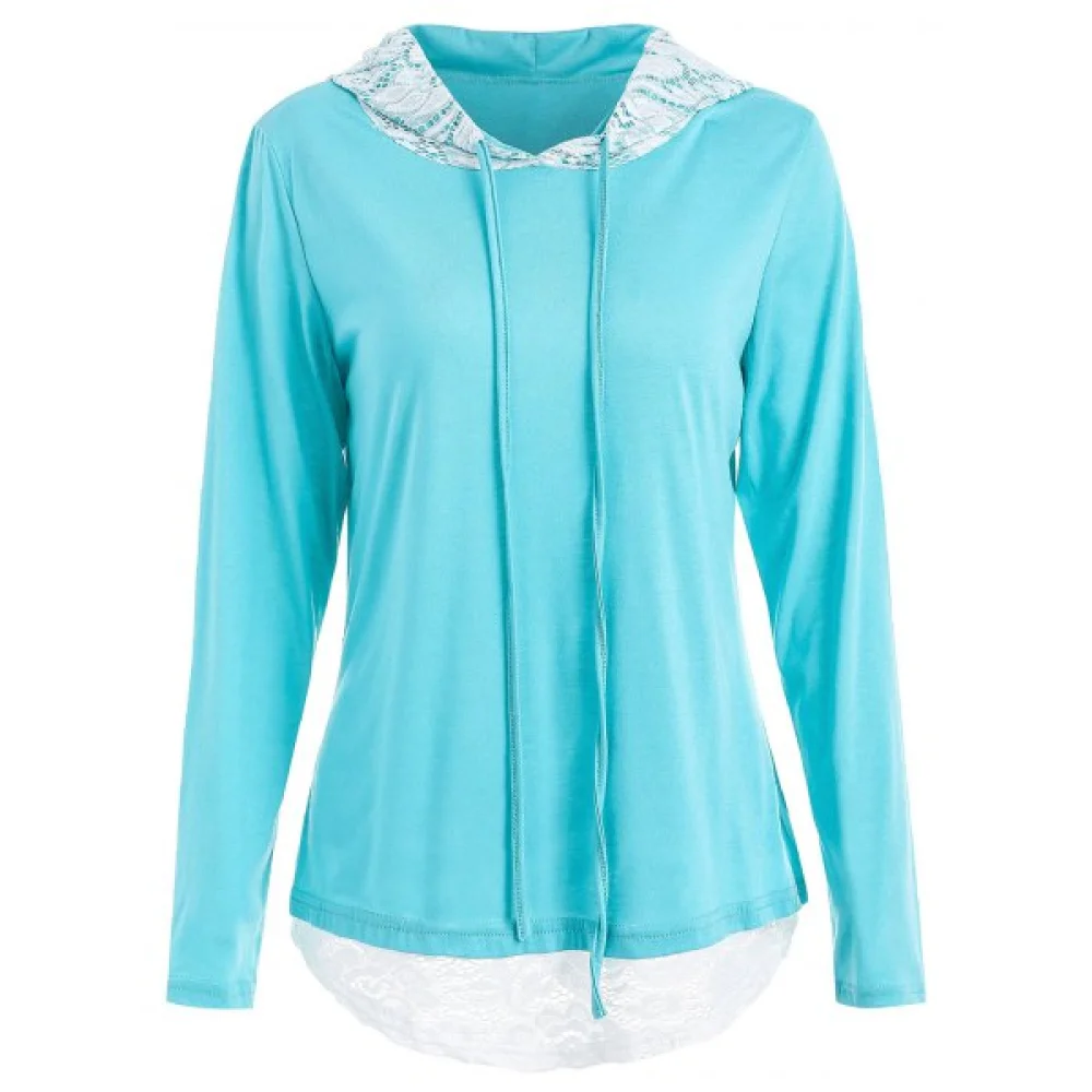 Lace Hem Drawstring Hoodie - Macaw Blue Green Fansmadedirect