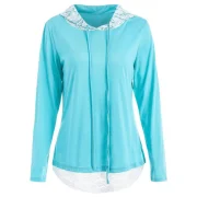 Lace Hem Drawstring Hoodie - Macaw Blue Green Fansmadedirect