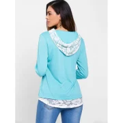 Lace Hem Drawstring Hoodie - Macaw Blue Green Fansmadedirect