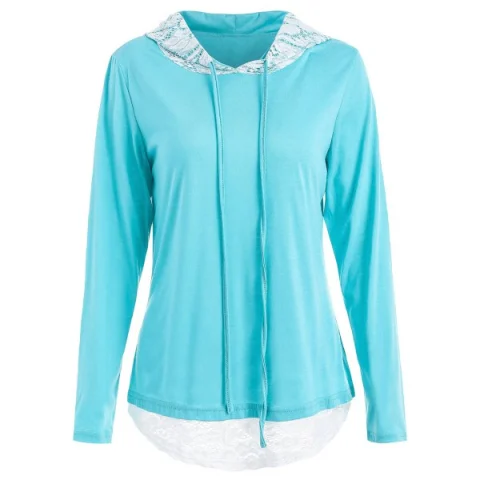 Lace Hem Drawstring Hoodie - Macaw Blue Green Fansmadedirect