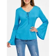 Lace Insert Bell Sleeves T-shirt - Glacial Blue Ice Fansmadedirect