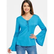 Lace Insert Bell Sleeves T-shirt - Glacial Blue Ice Fansmadedirect