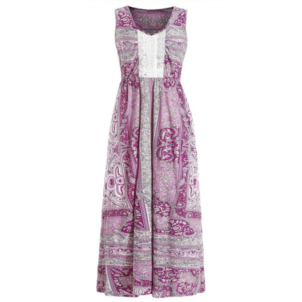 Lace Insert Bohemian Print axi Dress - Fansmadedirect