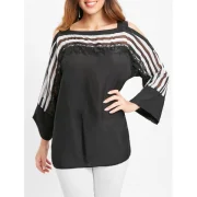 Lace Insert Cold Shoulder Striped Blouse - Black Fansmadedirect