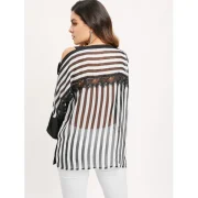 Lace Insert Cold Shoulder Striped Blouse - Black Fansmadedirect