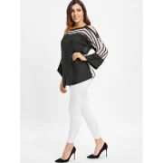 Lace Insert Cold Shoulder Striped Blouse - Black Fansmadedirect