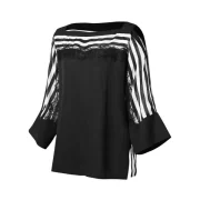 Lace Insert Cold Shoulder Striped Blouse - Black Fansmadedirect