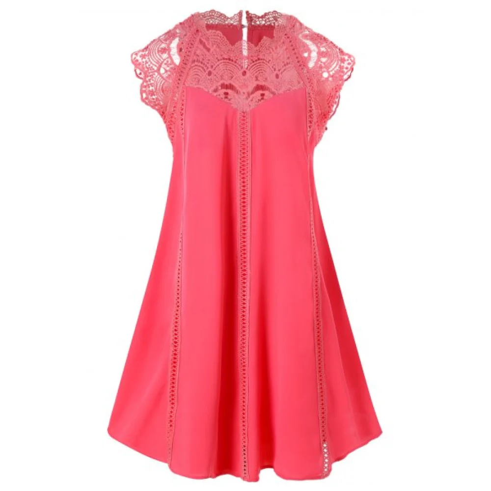 Lace Insert Swing ini Dress - Watermelon Pink Fansmadedirect