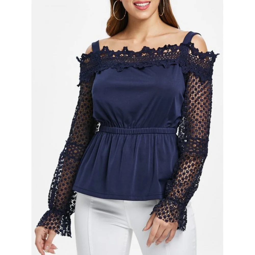Lace leeve Elastic Waist Blouse - Midnight Blue Fansmadedirect