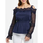 Lace leeve Elastic Waist Blouse - Midnight Blue Fansmadedirect