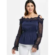 Lace leeve Elastic Waist Blouse - Midnight Blue Fansmadedirect