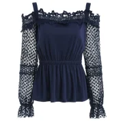 Lace leeve Elastic Waist Blouse - Midnight Blue Fansmadedirect