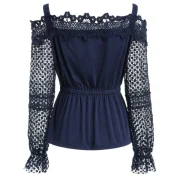 Lace leeve Elastic Waist Blouse - Midnight Blue Fansmadedirect