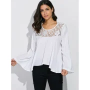 Lace Panel Bell Sleeve Blouse - White Fansmadedirect