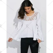 Lace Panel Bell Sleeve Blouse - White Fansmadedirect