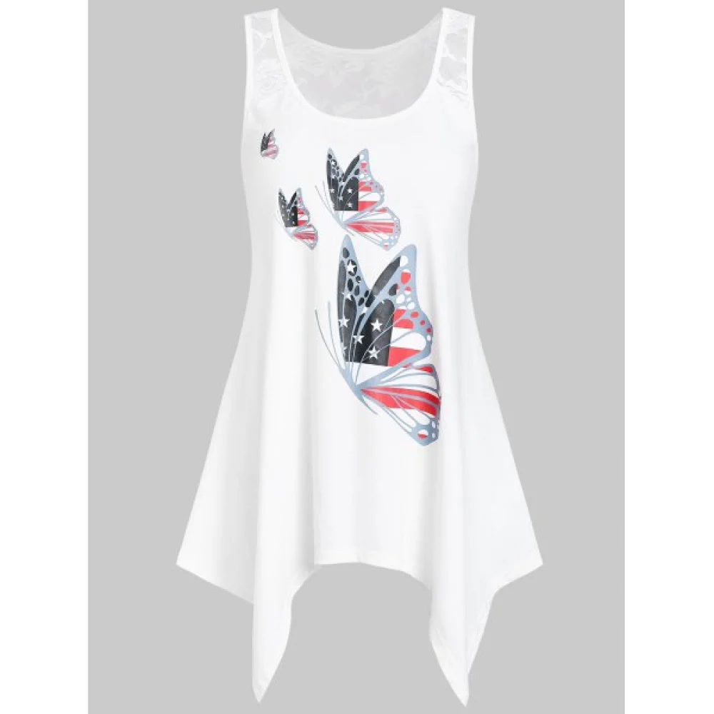 Lace Panel Butterfly Print Asymmetrical Tank Top - White Fansmadedirect
