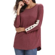 Lace Panel Buttons Long leeves Tee - Red Wine Fansmadedirect