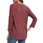 Lace Panel Buttons Long leeves Tee - Red Wine Fansmadedirect