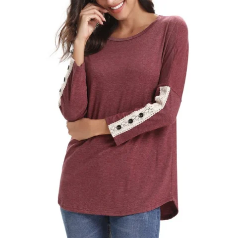 Lace Panel Buttons Long leeves Tee - Red Wine Fansmadedirect