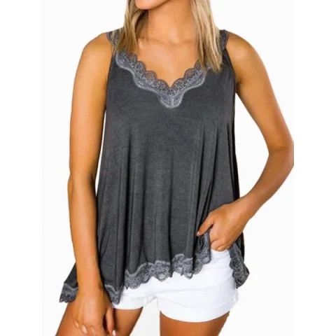 Lace Panel Cutout Casual Tank Top - Cloudy Gray Fansmadedirect