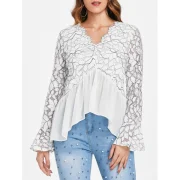 Lace Panel Flare leeve Top - White Fansmadedirect