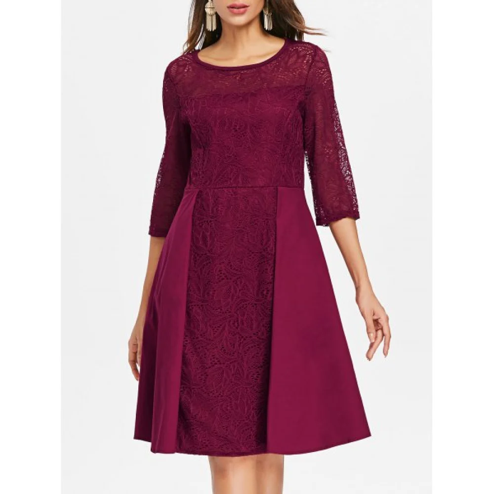 Lace Panel Flared Dress - Red Wine Fansmadedirect