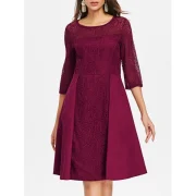 Lace Panel Flared Dress - Red Wine Fansmadedirect