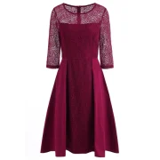 Lace Panel Flared Dress - Red Wine Fansmadedirect