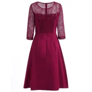 Lace Panel Flared Dress - Red Wine Fansmadedirect