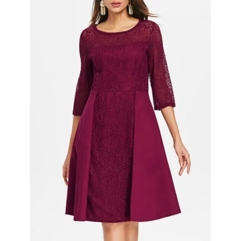 Lace Panel Flared Dress - Red Wine Fansmadedirect