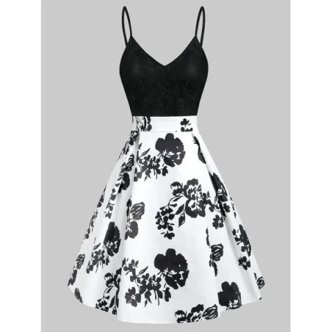 Lace Panel Flower Print ini Cami Dress - White Fansmadedirect