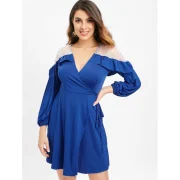 Lace Panel Full leeve Wrap Dress - Deep Blue Fansmadedirect