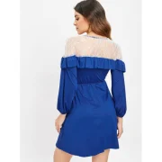 Lace Panel Full leeve Wrap Dress - Deep Blue Fansmadedirect