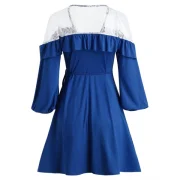 Lace Panel Full leeve Wrap Dress - Deep Blue Fansmadedirect