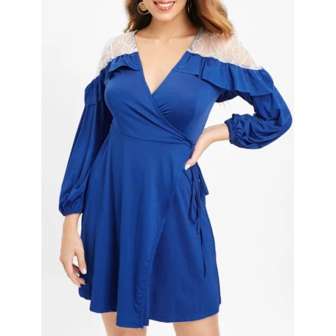 Lace Panel Full leeve Wrap Dress - Deep Blue Fansmadedirect