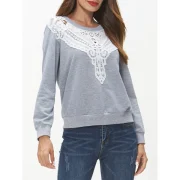 Lace Panel Long Sleeve Sweatshirt - Light Gray Fansmadedirect