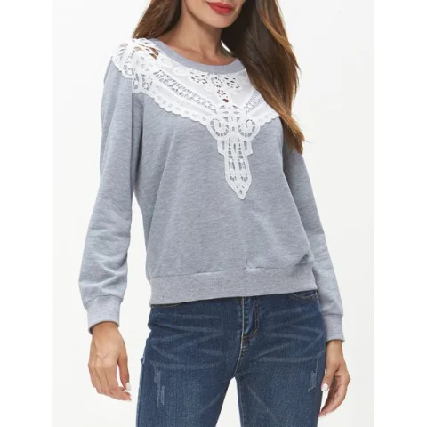 Lace Panel Long Sleeve Sweatshirt - Light Gray Fansmadedirect