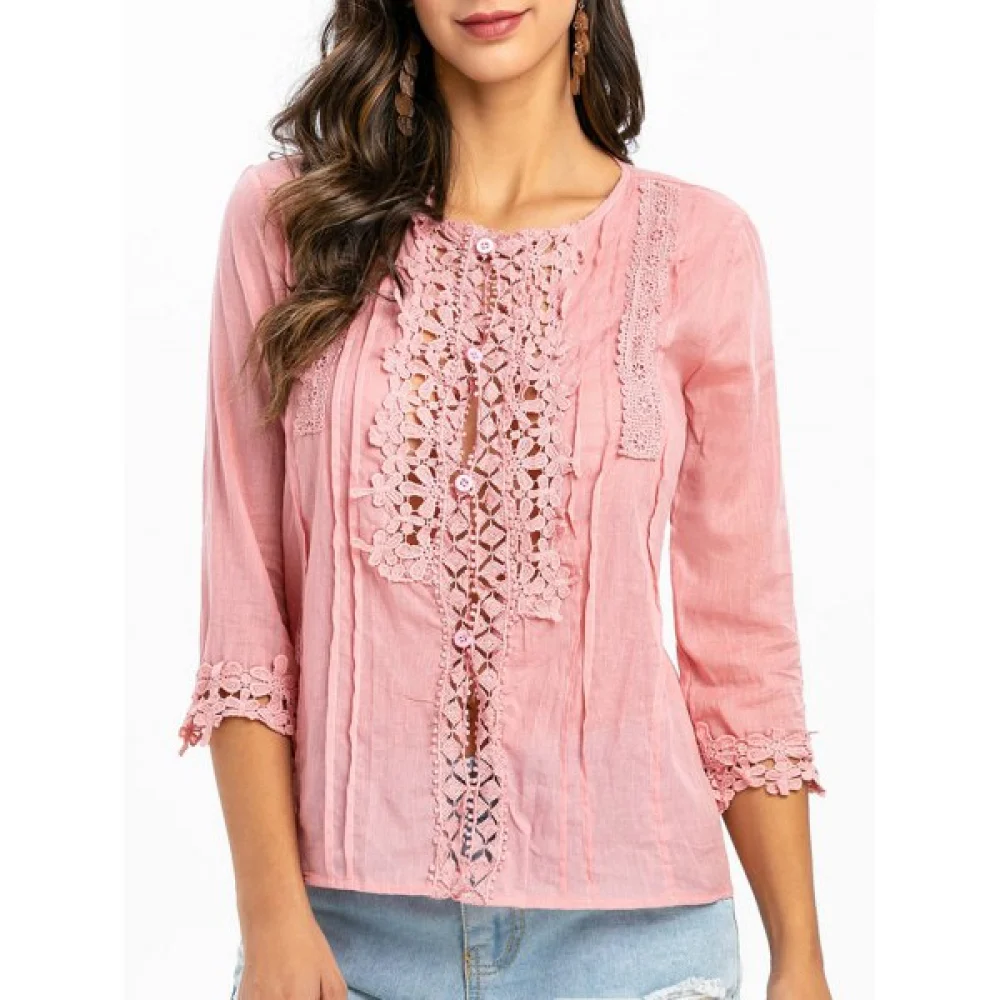 Lace Panel Loop Button Three Quarter leeve Blouse - Pink Fansmadedirect