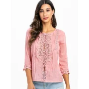 Lace Panel Loop Button Three Quarter leeve Blouse - Pink Fansmadedirect