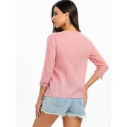 Lace Panel Loop Button Three Quarter leeve Blouse - Pink Fansmadedirect