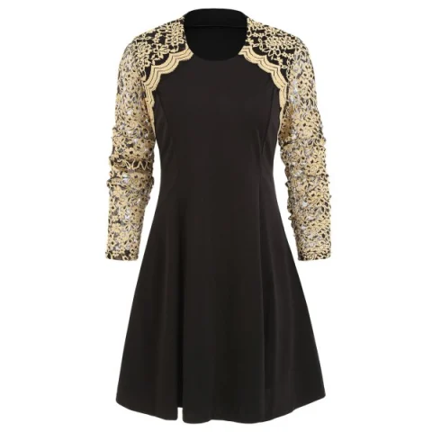Lace Panel Round Collar A Line Dress - Black Fansmadedirect
