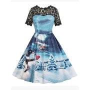 Lace Panel Snowman Print A Line Dress - Blue Fansmadedirect