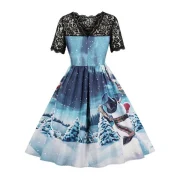 Lace Panel Snowman Print A Line Dress - Blue Fansmadedirect