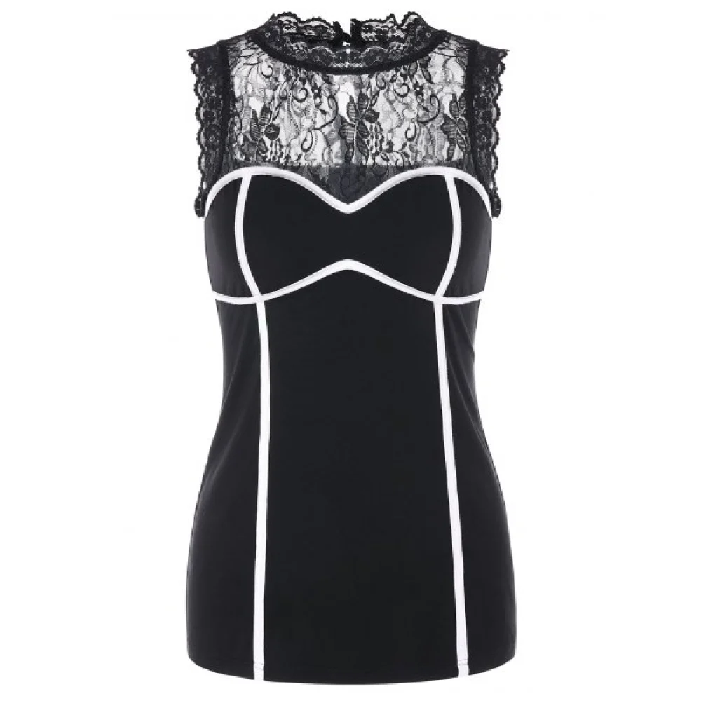 Lace Panel Stripe Tank Top - Black Fansmadedirect