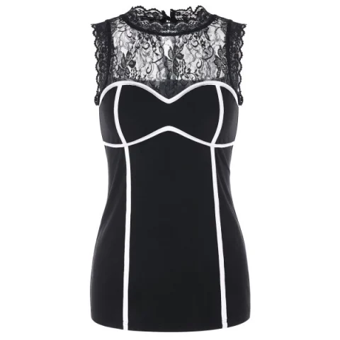 Lace Panel Stripe Tank Top - Black Fansmadedirect