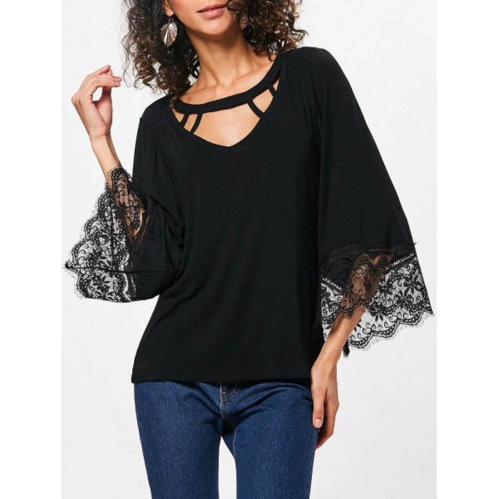 Lace Panel Three Quarter leeve T-shirt - Black Fansmadedirect