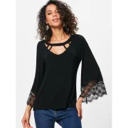 Lace Panel Three Quarter leeve T-shirt - Black Fansmadedirect