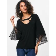 Lace Panel Three Quarter leeve T-shirt - Black Fansmadedirect