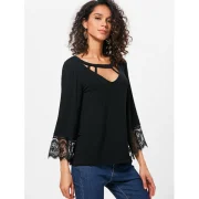 Lace Panel Three Quarter leeve T-shirt - Black Fansmadedirect
