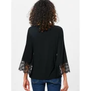 Lace Panel Three Quarter leeve T-shirt - Black Fansmadedirect